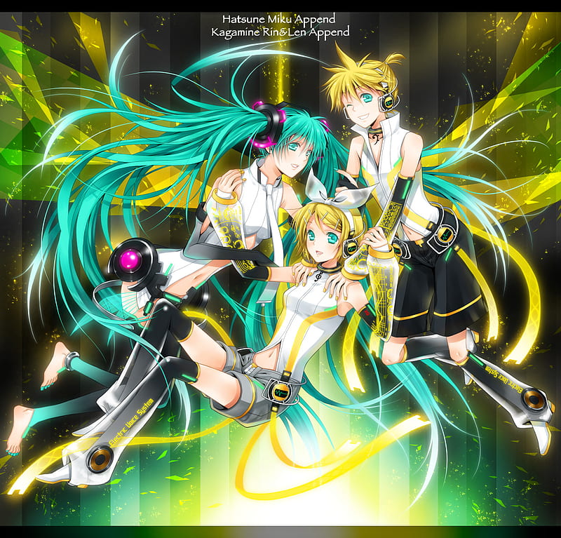 Append Vocaloids, sound, rock, hatsune miku, boots, together, bow, flash light, thighhighs, sweet, nail polish, hot, sing, vocaloids, kagamine len, headphone, light, vocaloid, kagamine rin, ribbon, music, smile, blonde hair, twintails, happy, cute, cool, song, hair bow, miku hatsune, green hair, append, HD wallpaper