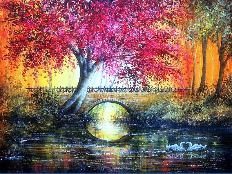 -Autumn Bridge-, architecture, colorful, autumn, draw and paint, attractions in dreams, bonito, most ed, seasons, paintings, landscapes, flowers, scenery, traditional art, animals, lovely, bridges, colors, love four seasons, creative pre-made, creek, trees, swans, vibrant, fall seasons, nature, HD wallpaper