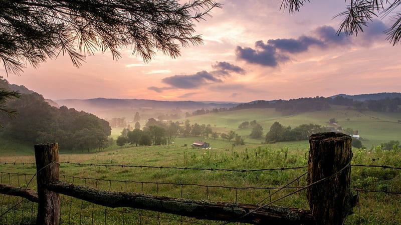 wonderful farms in the valley in morning mist, fence, grass, farms, sunrise, valley, mist, HD wallpaper