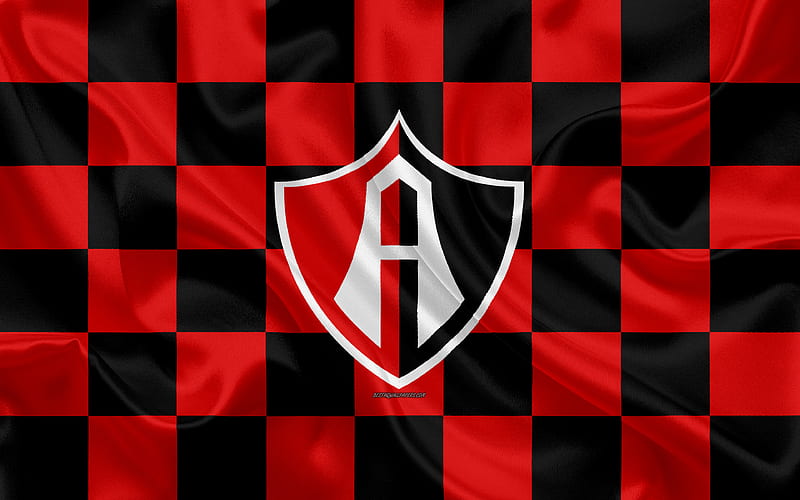 Atlas FC, Club Atlas logo, creative art, red black checkered flag, Mexican Football club, Primera Division, Liga MX, emblem, silk texture, Guadalajara, Mexico, football, HD wallpaper