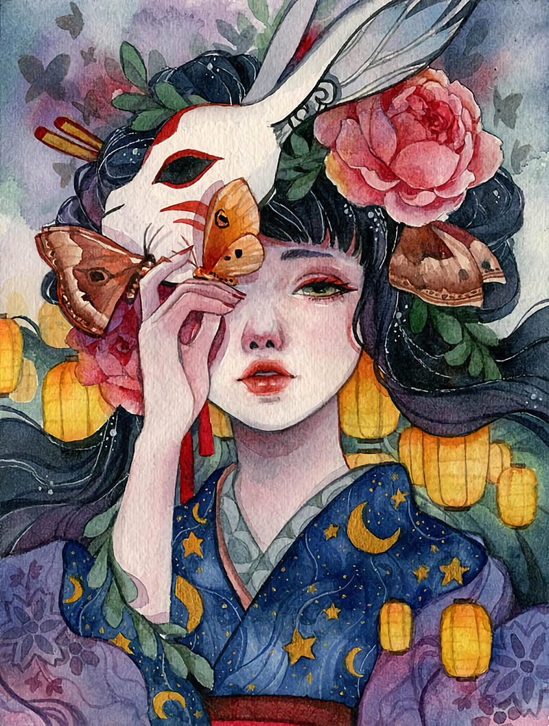 Geisha, fantasia, japan, nipon, pinturaoleo, HD phone wallpaper