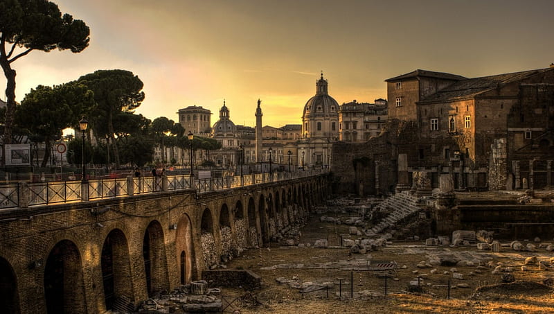 ancient excavated ruins in rome, city, ancient, ruins, sunset, excavation, HD wallpaper