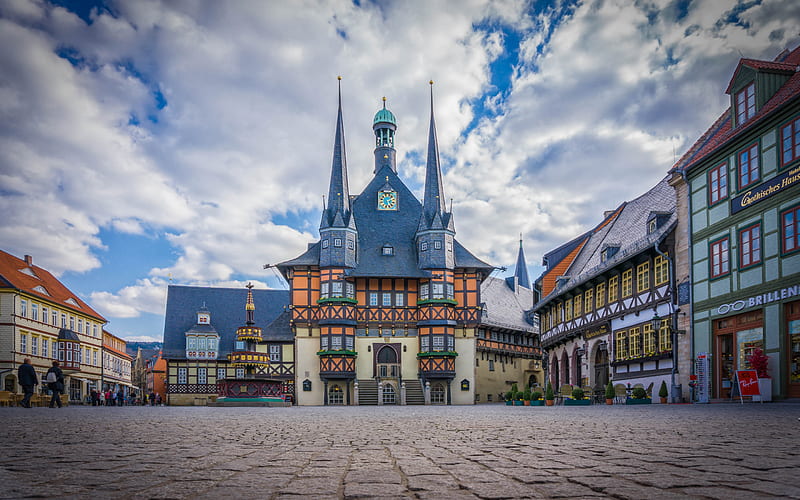 Wernigerode, Wohltaeterbrunnen, beautiful square, german city, cityscape, Saxony-Anhalt, Germany, HD wallpaper