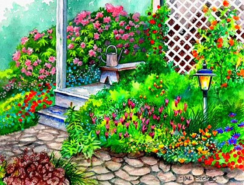 ★Garden on Deck★, stunning, love four seasons, places, bonito, attractions in dreams, creative pre-made, country, on deck, paintings, summer, flowers, gardens, lovely flowers, gardens and parks, HD wallpaper