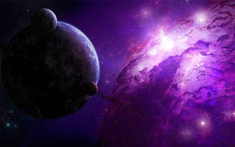 purple, planet, nebula, dark, black, pink, asteriod, light, HD wallpaper