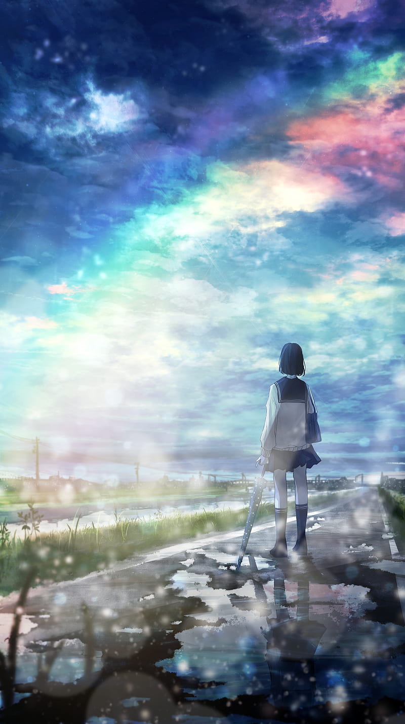 anime landscape, scenery, anime girl, umbrella, sweater, mood, Anime, HD phone wallpaper