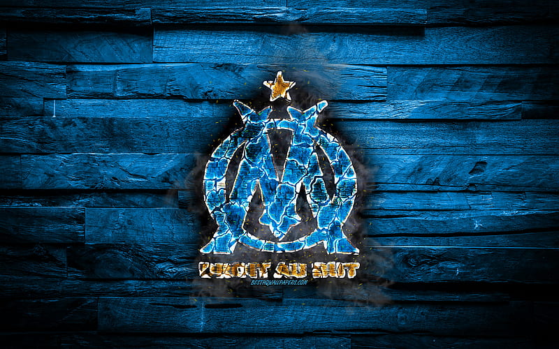 Olympique Marseille FC, fiery logo, OM, Ligue 1, blue wooden background, french football club, grunge, Olympique de Marseille, football, soccer, Olympique Marseille logo, fire texture, France, HD wallpaper