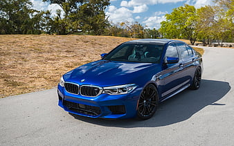 BMW M5, F90, 2018, sports sedan, new blue M5, tuning, black wheels, German cars, exterior, BMW, HD wallpaper