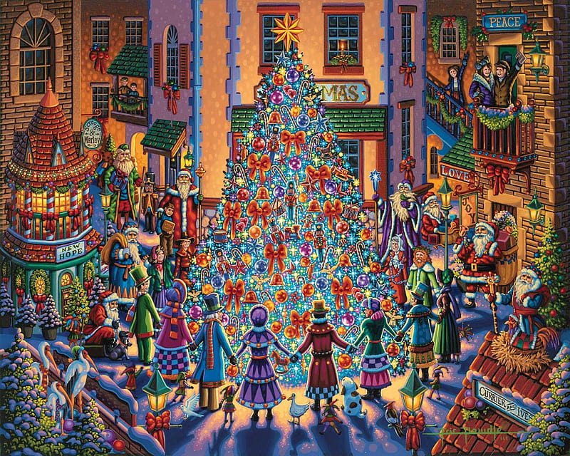 Spirit of Christmas, ornaments, children, birds, artwork, tree, santa, city, people, painting, dog, HD wallpaper