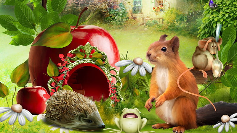 Apple House Fairy Tale, squirrel, fairy tale, children, spring, cute, frog, hedgehog, whimsical, mouse, summer, flowers, story, field, HD wallpaper