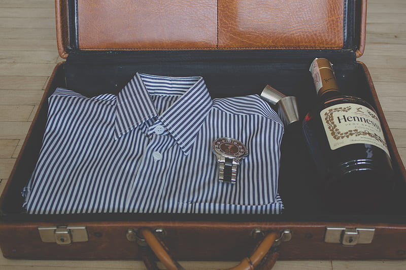 watch, whisky bottle and sport shit in suitcase, HD wallpaper