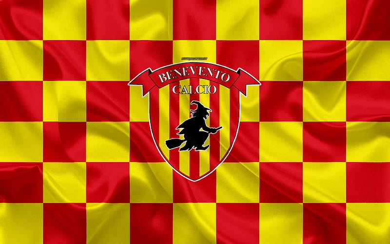 Benevento Calcio logo, creative art, red yellow checkered flag, Italian football club, Serie B, emblem, silk texture, Benevento, Italy, football, Benevento FC, HD wallpaper
