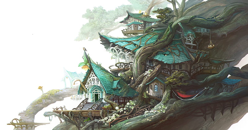 Elf houses by Yeonhee Kim, art, house, tree, fantasy, luminos, elf, yeonhee kim, blue, HD wallpaper