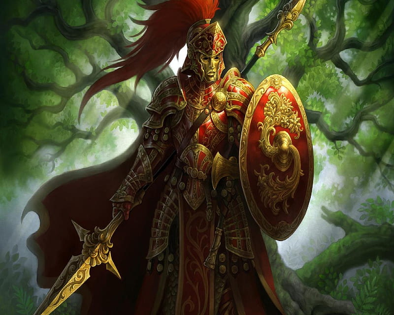 Red And Gold Knight, red, gold, spear, shield, ax, knight, HD wallpaper