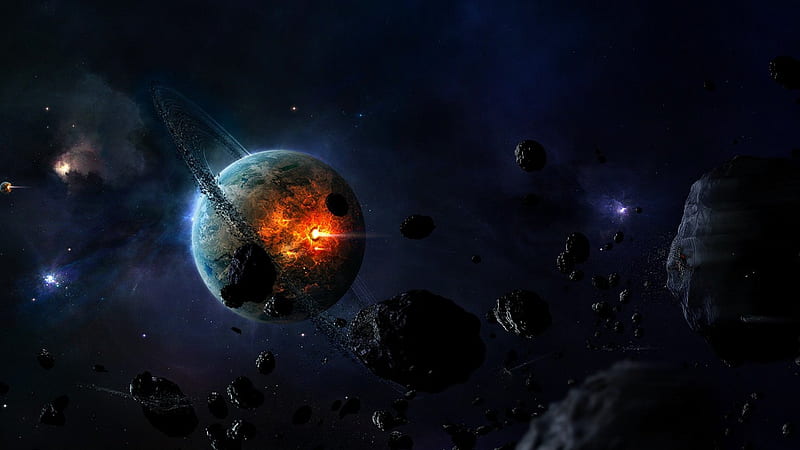 Asteroid impact, orange, space, explosion, black, sky, asteroid, fire, impact, univers, purple, planet, blue, HD wallpaper