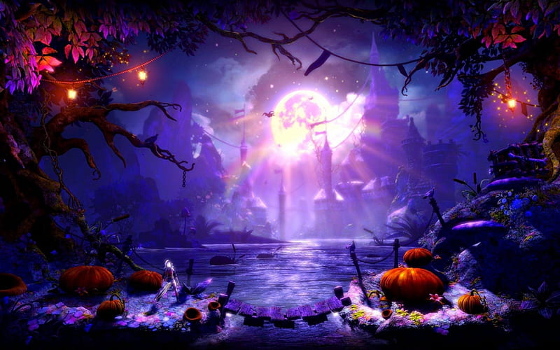Halloween, autumn, orange, black, fantasy, water, purple, pumpkin, full moon, bat, pink, blue, night, HD wallpaper