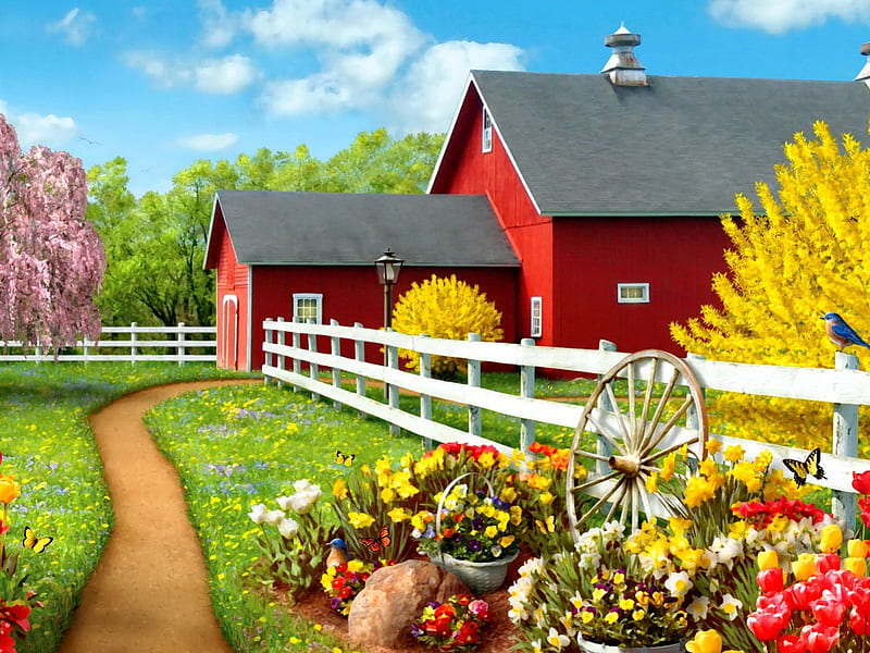 Countryside beauty, fence, pretty, colorful, house, cottage, fruits, cabin, countryside, nice, calm, painting, path, village, flowers, beauty, lovely, fresh, trees, yard, serenity, peaceful, garden, vegetables, HD wallpaper