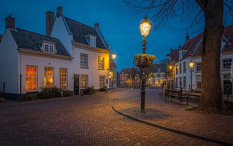 Amersfoort, Holland, street, town, lantern, houses, bench, dusk, lights, HD wallpaper