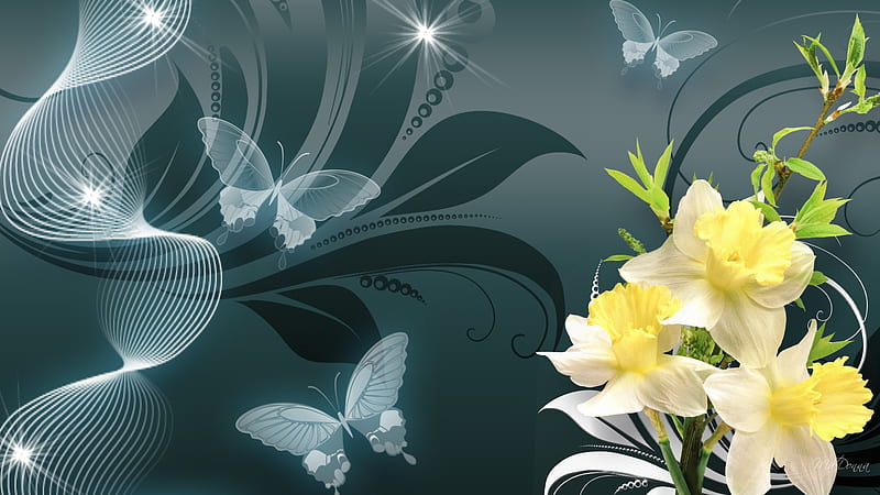 Narcissus on Teal, summer, narcissus, flowers, firefox persona, spring, butterflies, smoke, teal, HD wallpaper