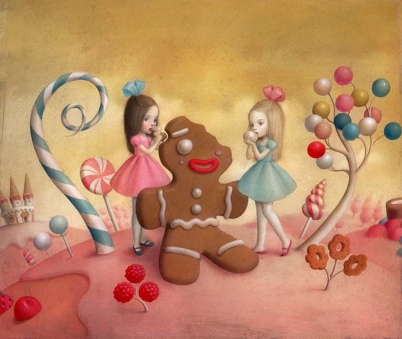 Christmas sweets, art, nicoletta ceccoli, luminos, craciun, sweets, christmas, food, dessert, fantasy, gingerbread cookie, girl, painting, surreal, pictura, pink, couple, HD wallpaper