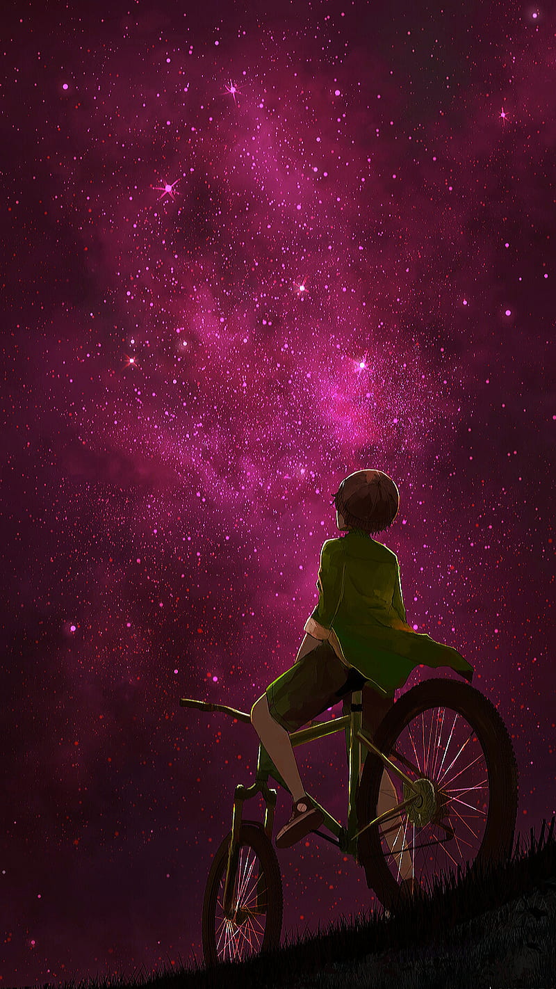 Star gazer, bicycle, boy, red, sky, HD phone wallpaper