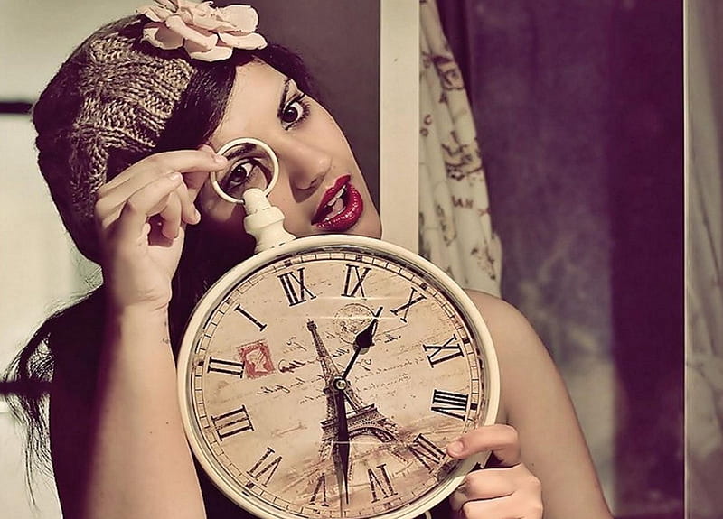 Play with Time, brunette, model, romantic, beauty, clock, face, lady, HD wallpaper