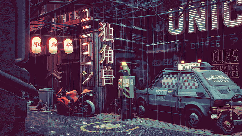 cyberpunk, 2D, Blade Runner, motorcycle, rain, pixel art, Chinese, urban, Japan, Fiat 126p, HD wallpaper