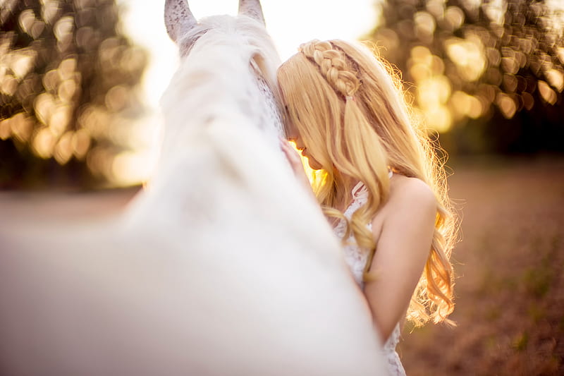 Girl And White Horse, girls, horse, animals, blonde, HD wallpaper