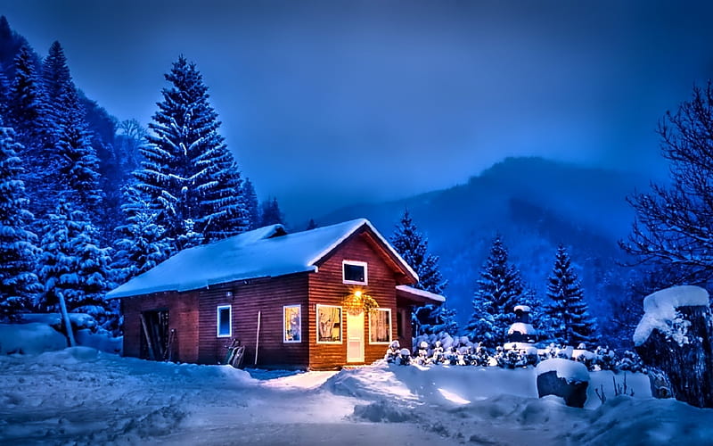 House at Winter Night, houses, trees, clouds, sky, lights, winter, mountain, snow, nature, landscape, HD wallpaper