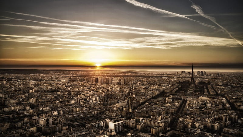 magnificent panorama of paris at sunset, city, tower, sunset, vast, panorama, HD wallpaper