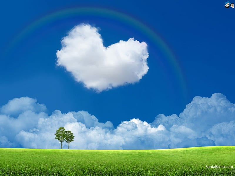 A heart in the clouds, rainbow, sky, clouds, heart, HD wallpaper