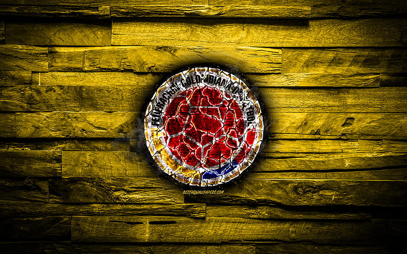 Colombia, burning logo, Conmebol, red wooden background, grunge, South America National Teams, football, Colombian soccer team, soccer, Colombia national football team, HD wallpaper