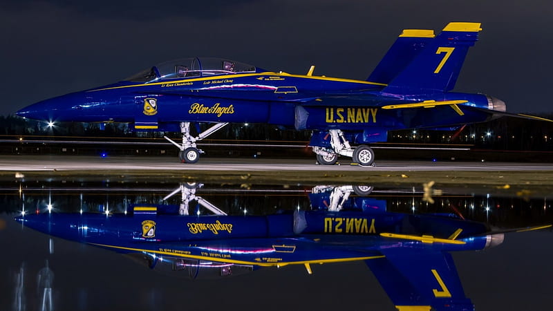 blue angel f18 hornet reflected at night, plane, tarmac, puddle, military, reflection, night, HD wallpaper
