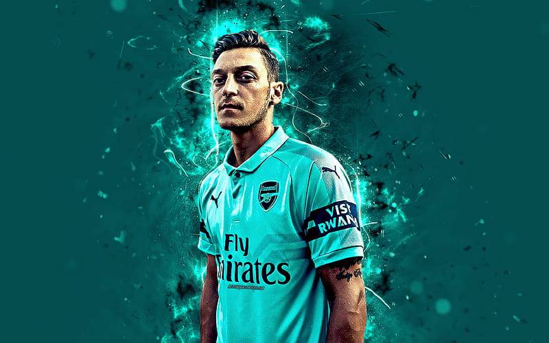 Mesut Ozil Arsenal, abstract art, midfielder, blue uniform, football stars, soccer, Ozil, Premier League, footballers, The Gunners, neon lights, Arsenal FC, HD wallpaper