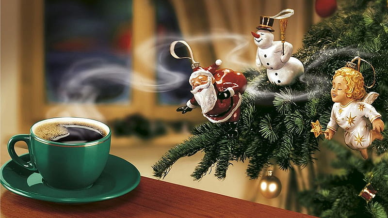 Christmas Coffee for my Friends !, table, tree, santa, coffee, angel, decorations, cup, funny, HD wallpaper