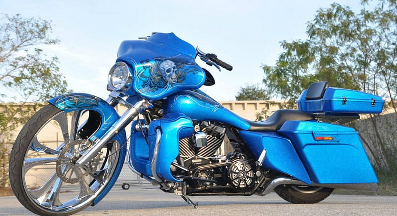 Custom-Harley-Streetglide, Skulls, Custom Paint, Blue, HD wallpaper