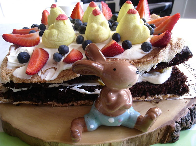Easter Cake, cake, fruit, candy, plate, easter, HD wallpaper