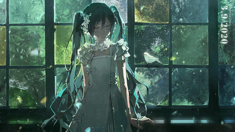 hatsune miku, white dress, bird, vocaloid, windows, closed eyes, Anime, HD wallpaper