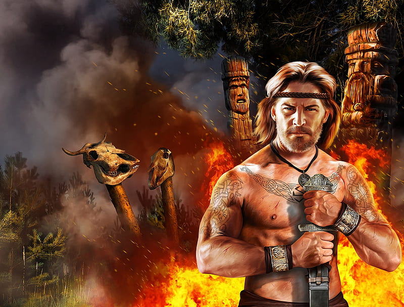 Pagan, fire, fantasy, man, totem, HD wallpaper
