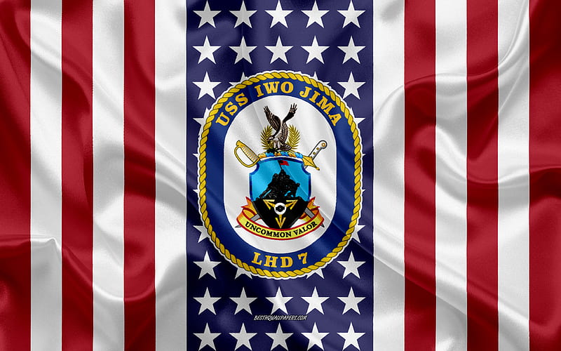 USS Iwo Jima Emblem, L-7, American Flag, US Navy, USA, USS Iwo Jima Badge, US warship, Emblem of the USS Iwo Jima, HD wallpaper