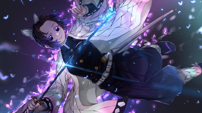 Demon Slayer Shinobu Kochou With Sword And Flying Butterflies With Blur Black Background Anime, HD wallpaper