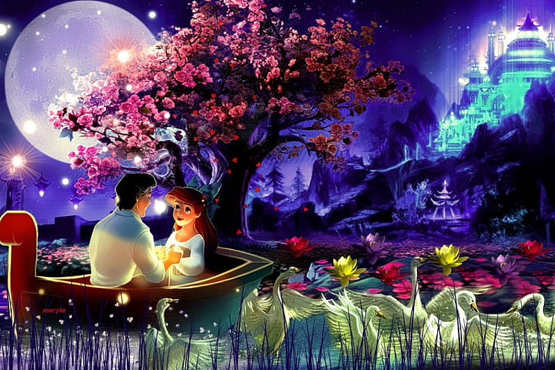 sweet love, grass, roses, sky, cartoon, lake, swans, water lilies, sweet, tree, moon, love, castle, couple, light, night, HD wallpaper