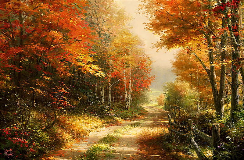 A Walk Down Autumn Lane - Thomas Kinkade Studios, trees, forest, leaves, painting, path, colors, artwork, HD wallpaper