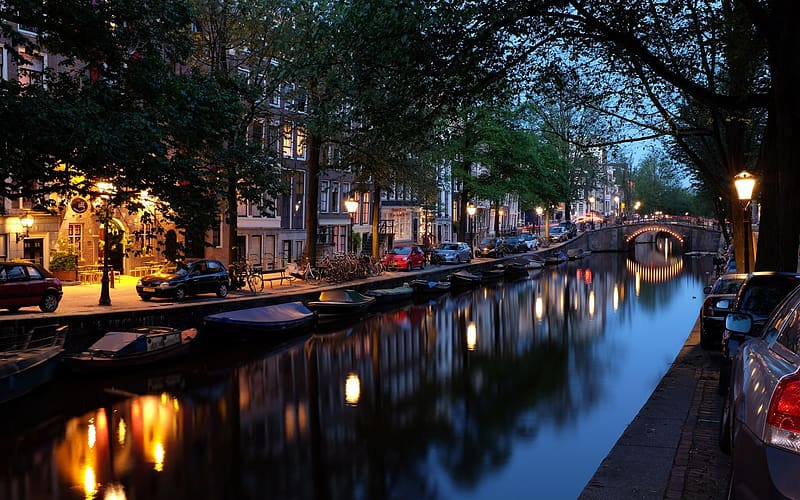 Cities, Night, City, Reflection, Light, River, Netherlands, Amsterdam, Man Made, HD wallpaper