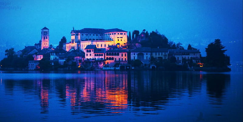 San Giulio Island, Lake of Orta, Italy, sunset, water, church, buildings, HD wallpaper