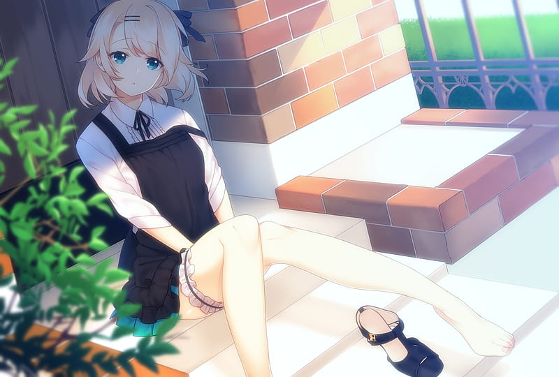 Waiting, pretty, blond, shade, bonito, adorable, sweet, nice, anime, t, beauty, anime girl, female, lovely, shadow, blonde, blonde hair, sexy, blond hair, short hair, cute, sit, kawaii, girl, sitting, lady, maiden, HD wallpaper