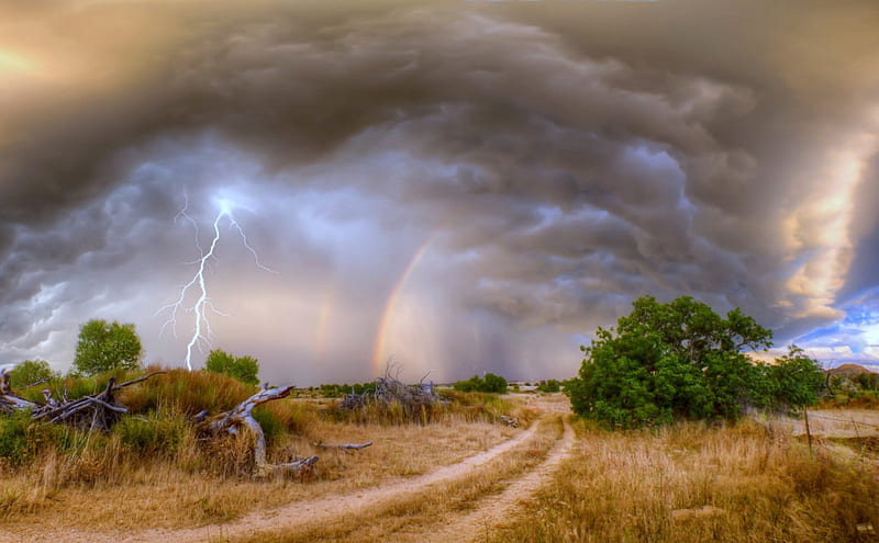 Rainbows and Lightning, Rainbow, Clouds, Field, Lightning, Storm, Nature, HD wallpaper