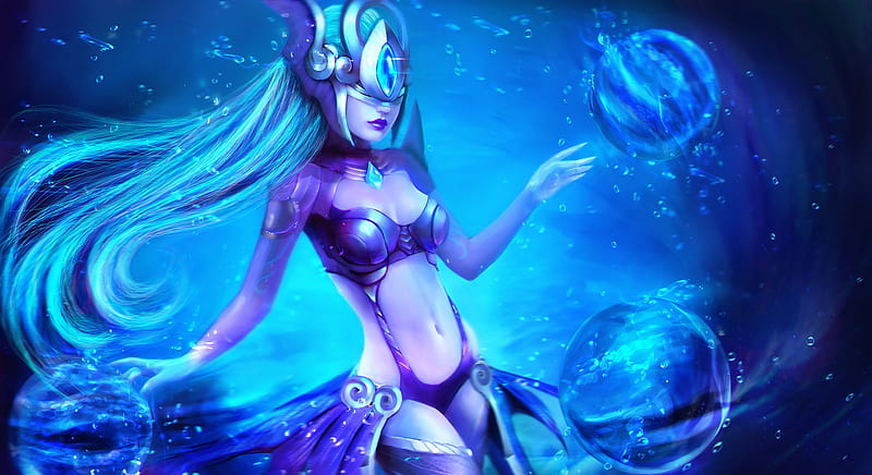 Atlantean Syndra, fantasy, luminos, girl, summer, magicnaanavi, jellyfish, blue, HD wallpaper