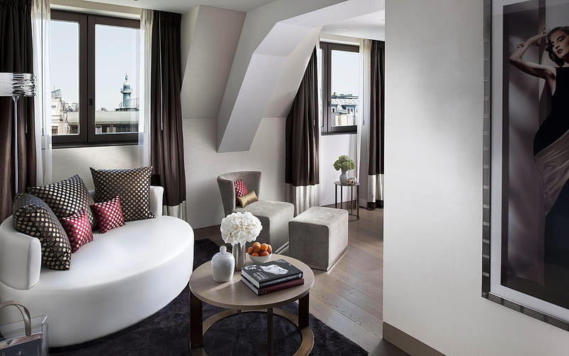 stylish modern light interior, hotel room, brown curtains, white walls, stylish interior design, HD wallpaper