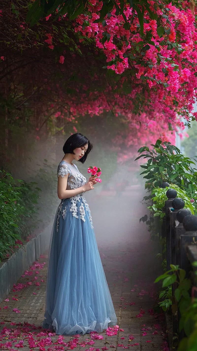 Blossom, asian, beauty, blue dress, cute, elegancy, elegant, flowers, garden, green, pink, HD phone wallpaper
